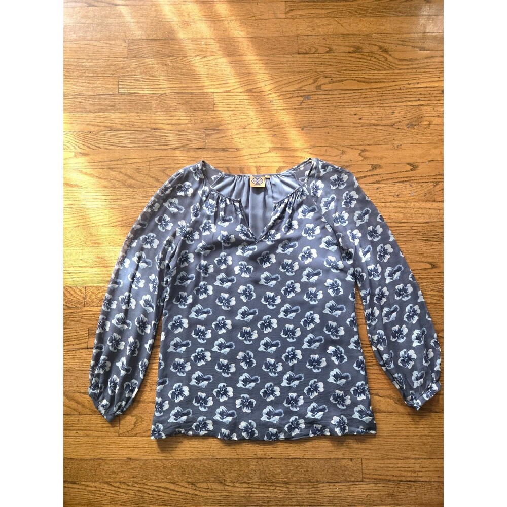 Tory Burch Womens 100% Silk Floral Semi Sheer Long Sleeve Blouse Size 6